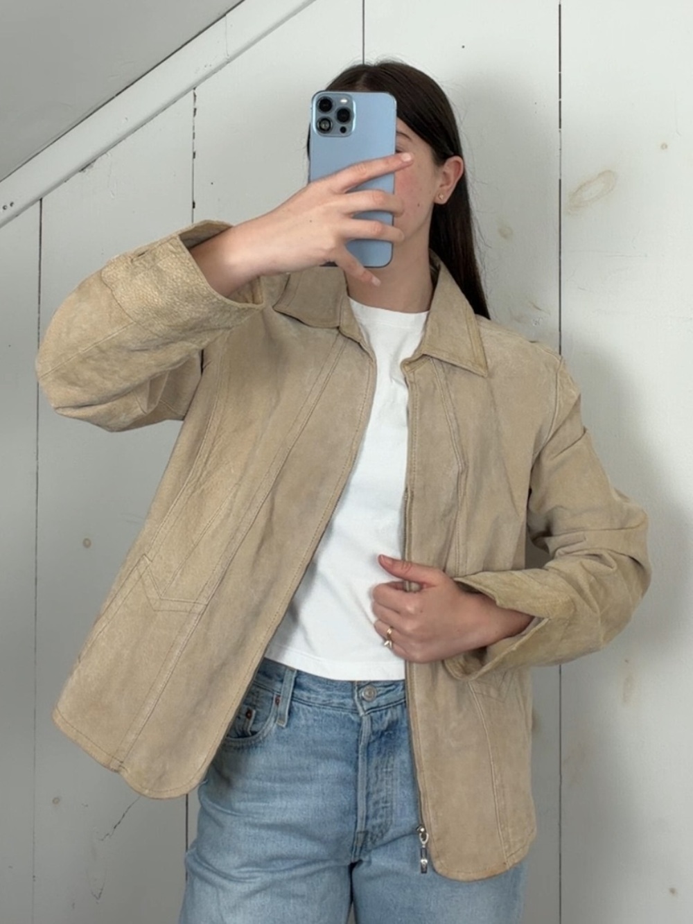 Y2K Live A Little Tan Suede Leather Full Zip Collared Jacket‎ Women’s XL Western